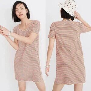 Madewell Swingy Short Sleeve Striped Tee Dress Pink Tan White M